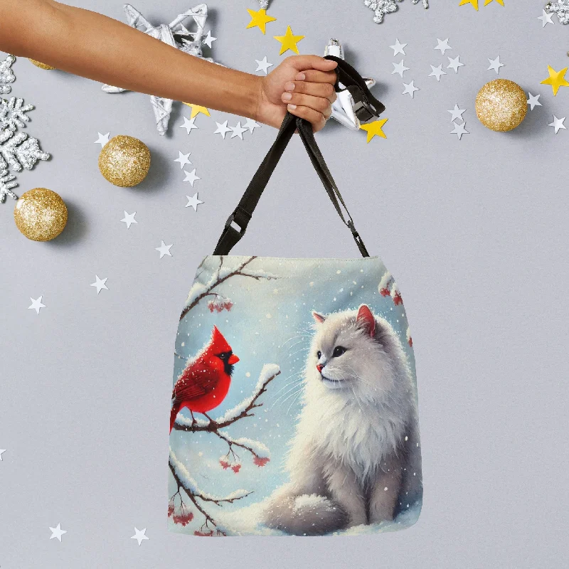 Winter Cardinal - Cat Lover - Adjustable Strap Tote Bag