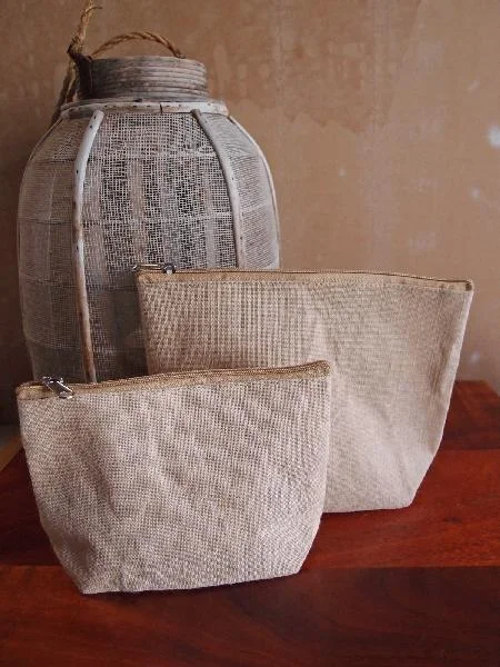 Zippered Jute / Canvas Pouch Cosmetic Bag with Gusset